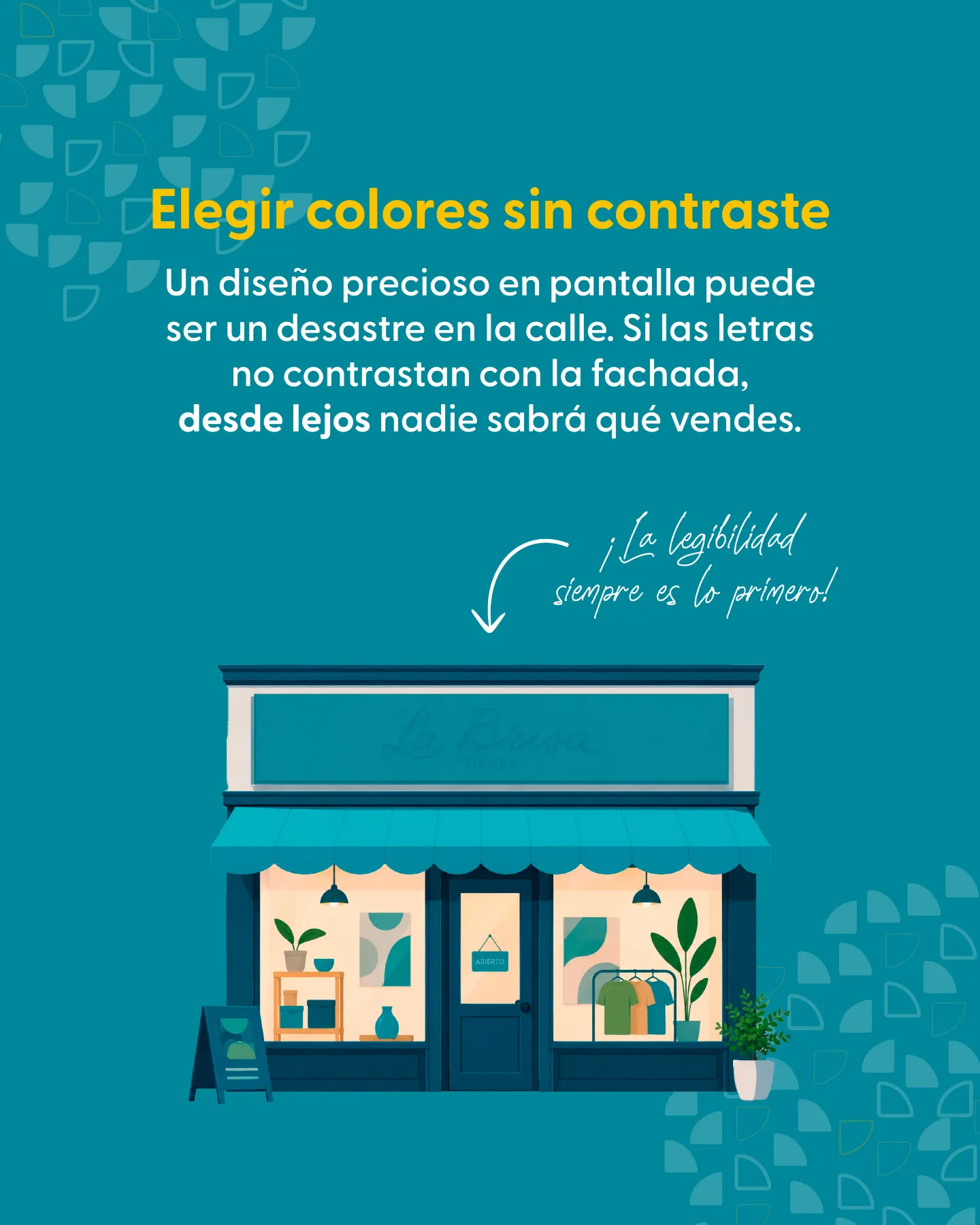 Escaparate de tienda con rótulo comercial de bajo contraste apenas legible