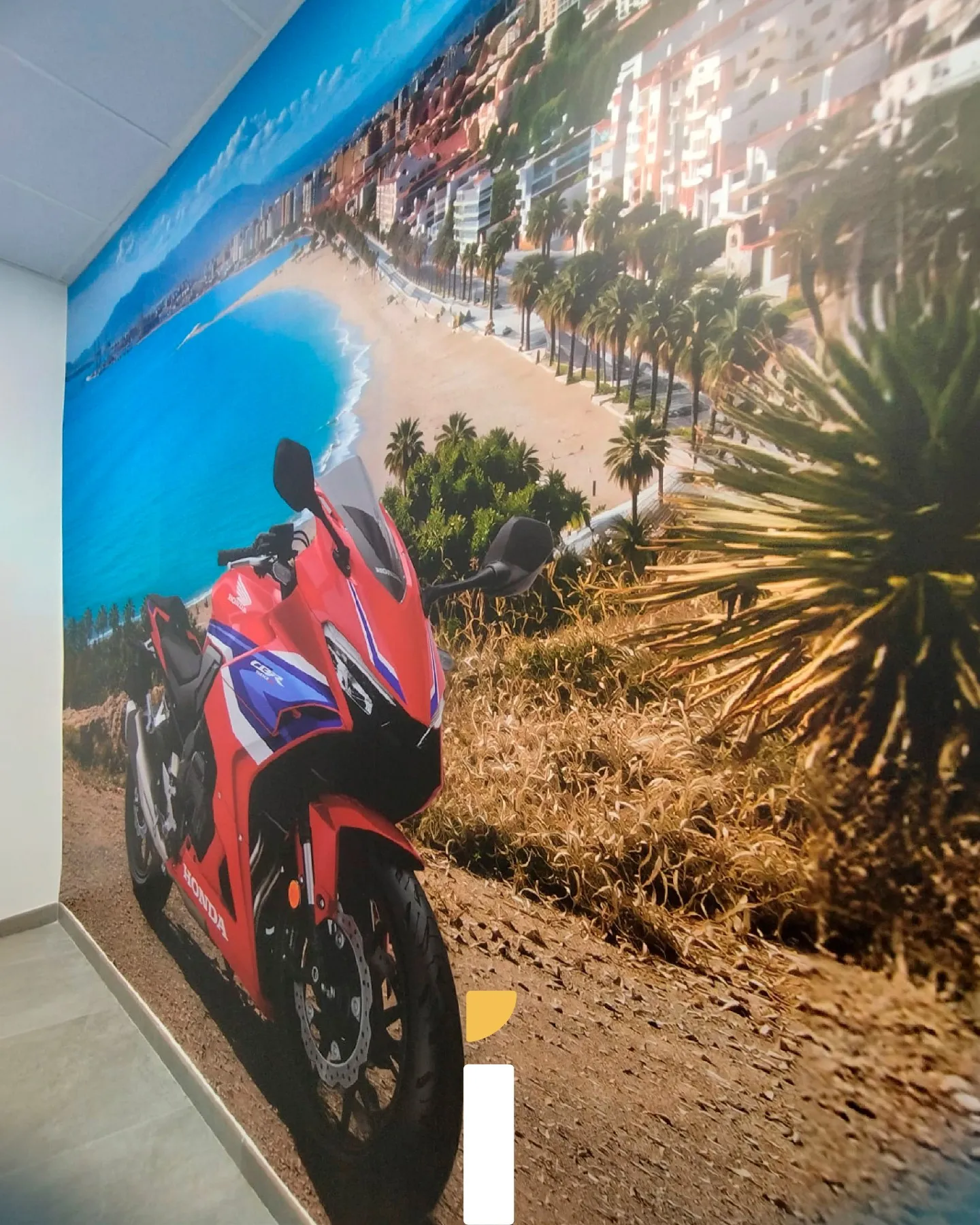 Detalle del vinilo de pared con laminado mate de la rotulación del concesionario Honda